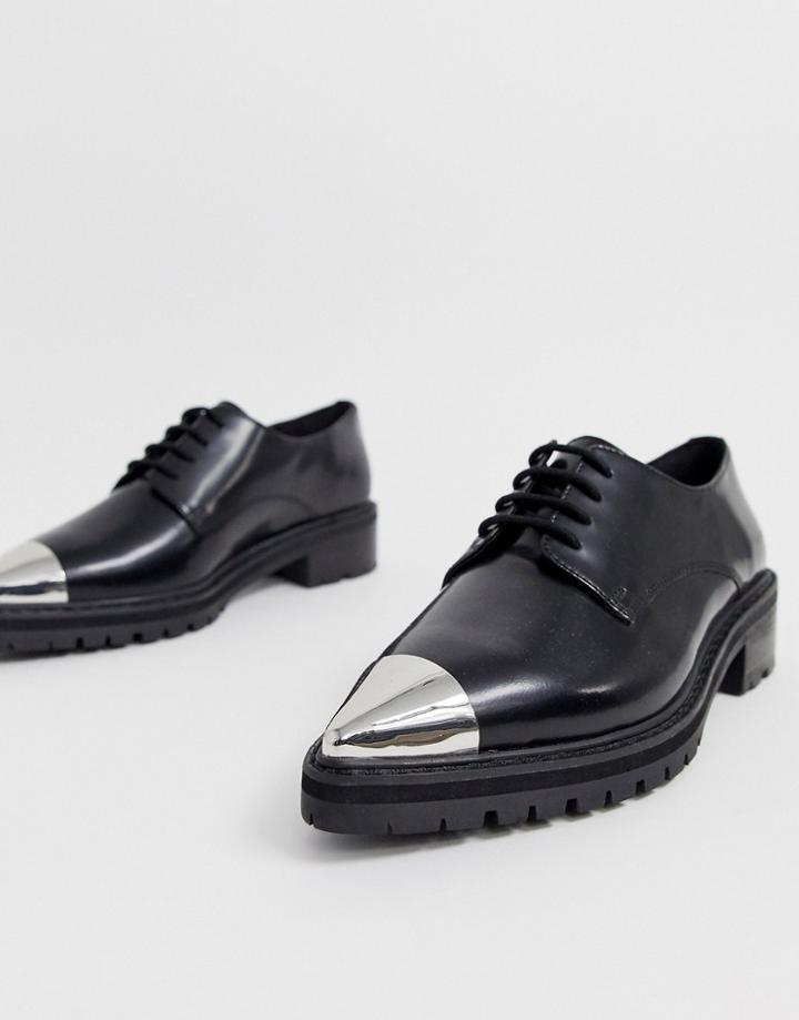Asos Design Mixed Leather Pointed Flat Shoes With Metal Toe Cap In Black