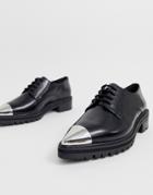 Asos Design Mixed Leather Pointed Flat Shoes With Metal Toe Cap In Black