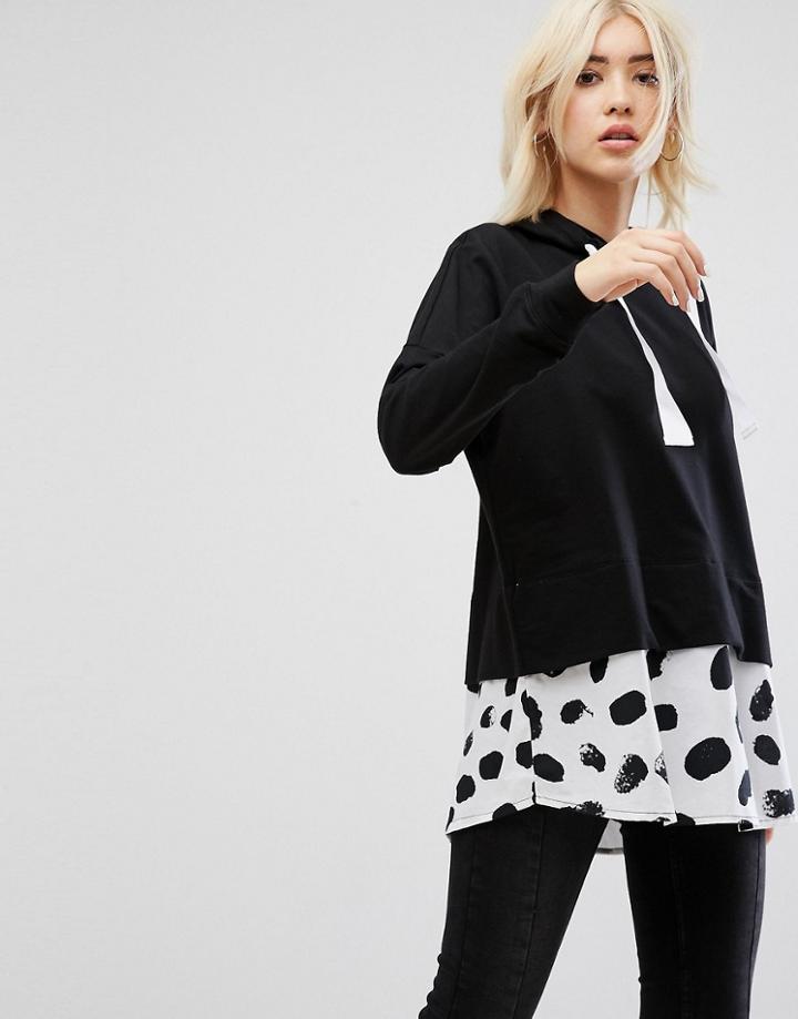 Noisy May Hoodie With Contrast Spotted Hem - Black