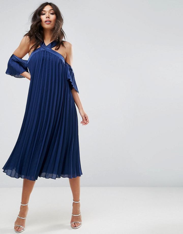 Asos Pleated Long Length Cold Shoulder Midi Dress - Navy