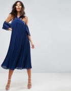 Asos Pleated Long Length Cold Shoulder Midi Dress - Navy