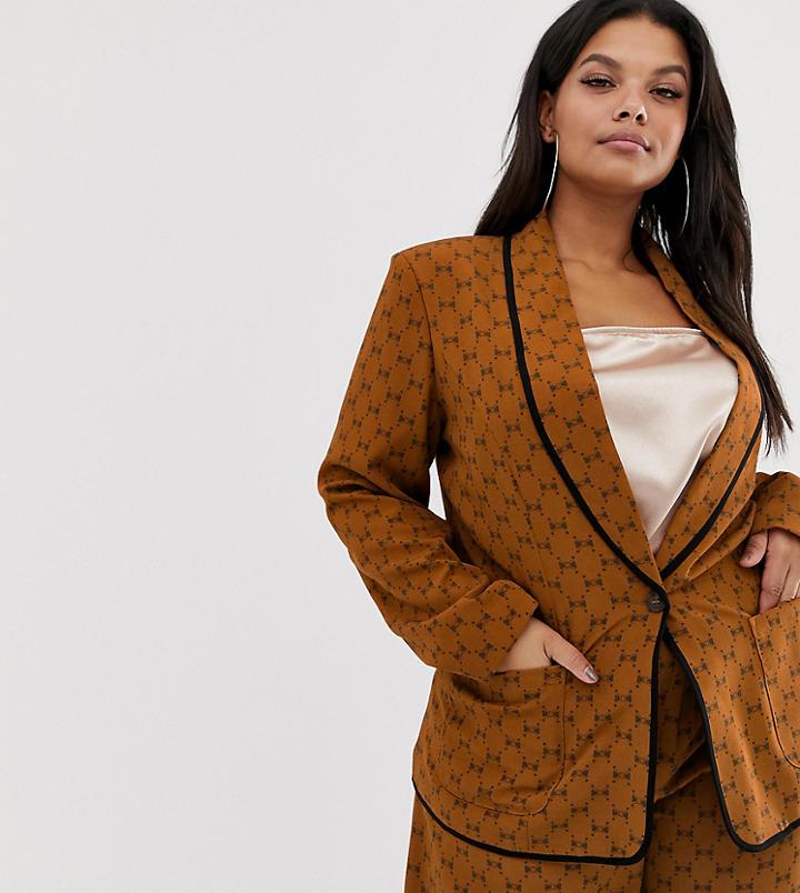 Unique21 Hero Plus Blazer With Repeat Bow Print And Contrast Lapel Detail - Brown