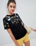 Asos Design T-shirt With Bright Floral Embroidery - Black