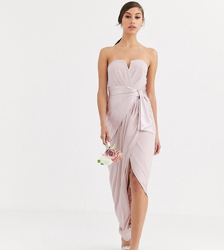Tfnc Tall Bridesmaid Bandeau Maxi Wrap Dress With Satin Front Detail In Taupe-brown