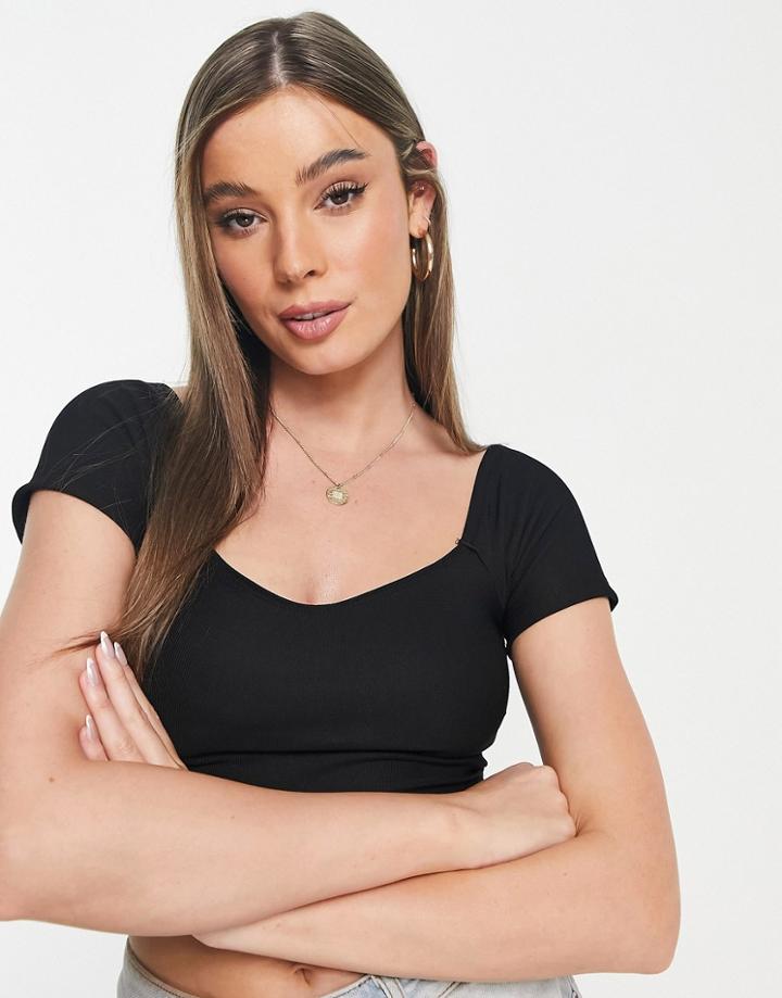 Stradivarius Square Neck Seamless Short Sleeve Crop Top In Black