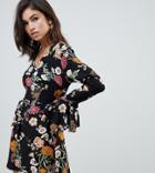 Missguided V Neck Ruffle Sleeve Dress In Black Floral - Multi