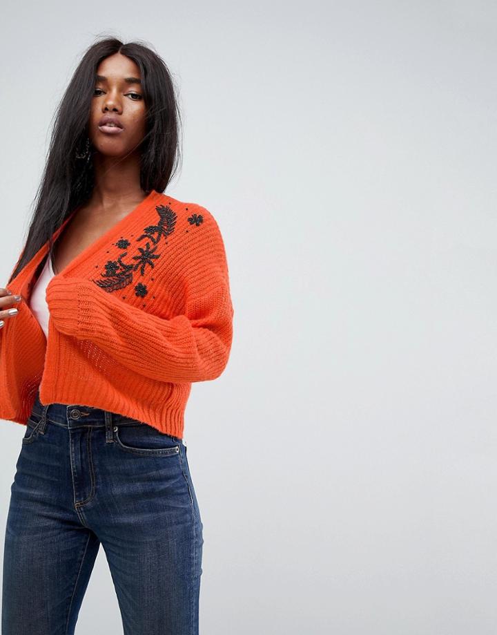 Asos Fluffy Rib Cardigan With Embellishment - Orange