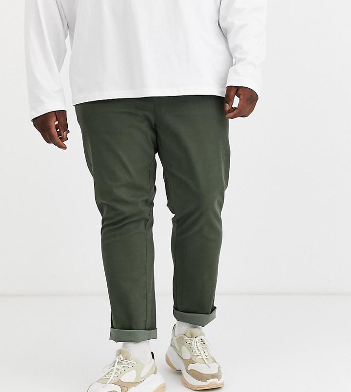 Asos Design Plus Slim Chinos With Elastic Waist In Washed Khaki-green