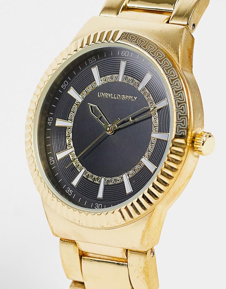 Asos Design Bracelet Watch With Textured Detail In Gold Tone