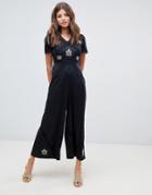 Asos Design Tea Jumpsuit With Embroidery And Lace Insert-black
