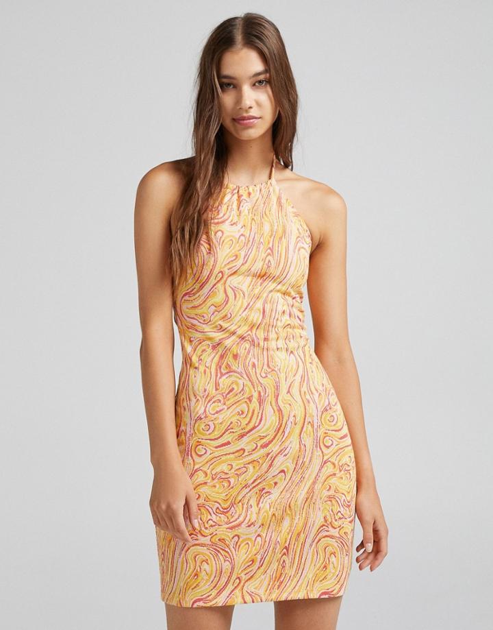 Bershka Retro Print Halterneck Dress In Orange