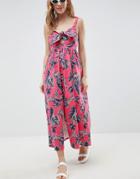 Asos Design Tie Front Skater Maxi Dress With Buttons In Hawaiian Print - Multi