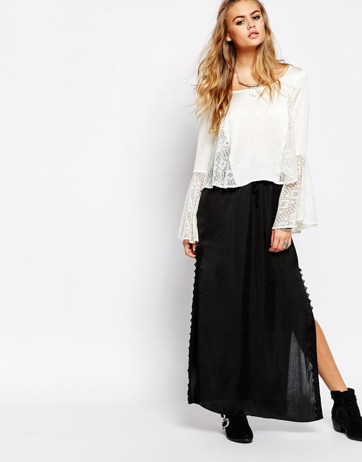 Band Of Gypsies Satin Maxi Skirt With Thigh Splits - Black