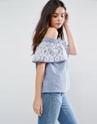 Asos Stripe Off Shoulder Top With Embroidery - Blue