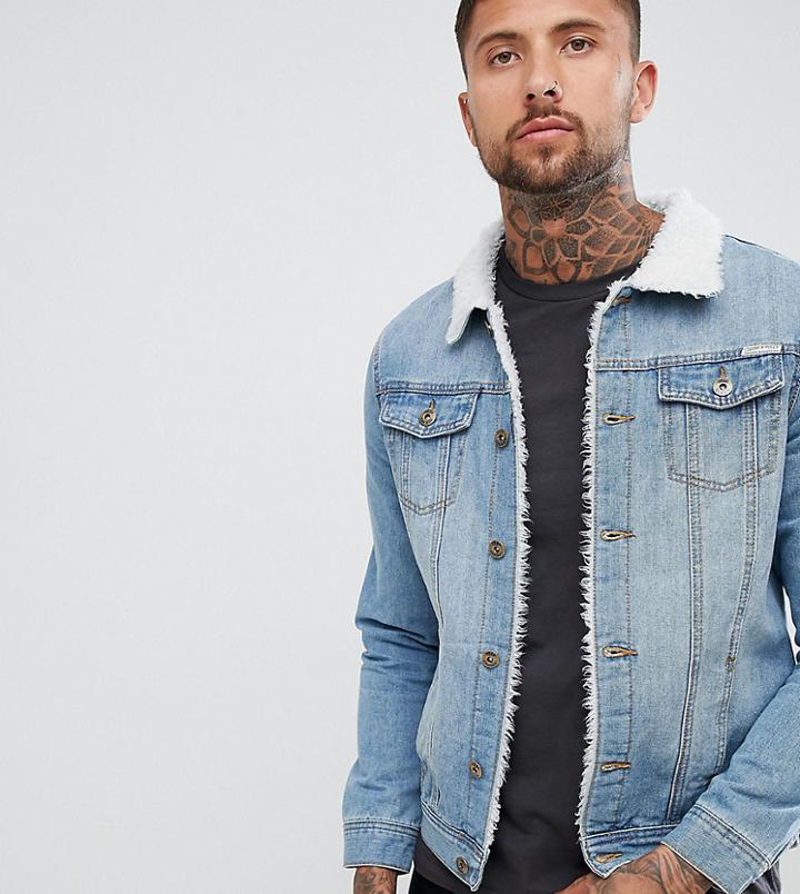 Liquor N Poker Fleece Lined Denim Jacket In Stone Wash - Blue