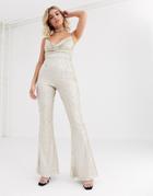 Rare London Cowl Front Sequin Jumpsuit With Chain Strap Detail In Light Gold