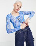 Noisy May Mesh Tie Front Cardigan In Blue Marble Print - Part Of A Set