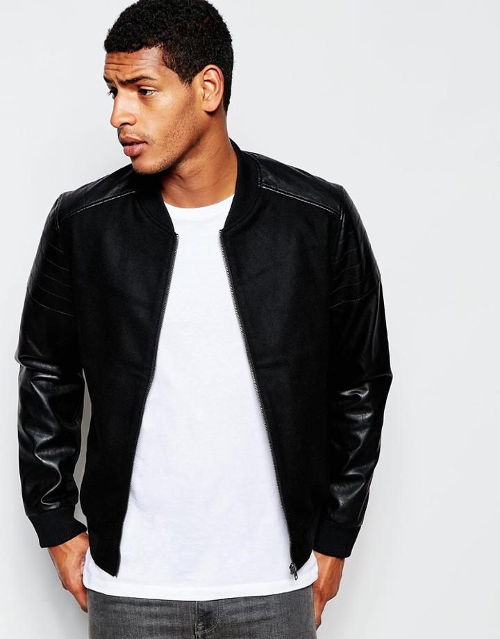 Produkt Wool Bomber Jacket With Faux Leather Sleeves - Black