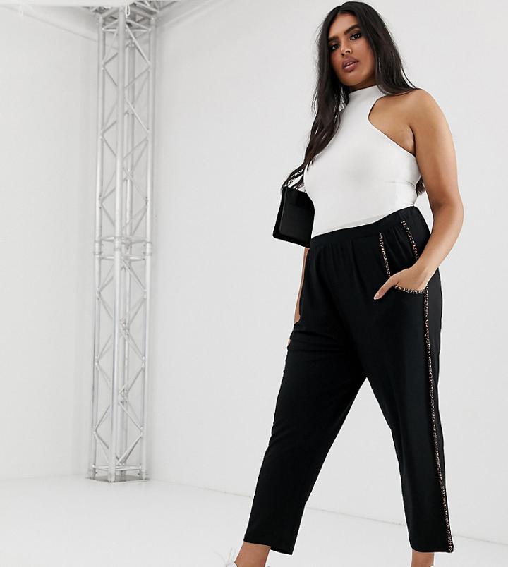 Asos Design Curve Jersey Peg Pants With Animal Print Contrast Bind-black