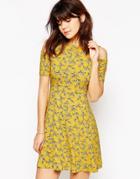 Asos Skater Dress With Cut Out Shoulder In Chartreuse Floral Print - M