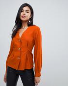 Asos Design V Neck Button Through Long Sleeve Top With Pleat Detail - White