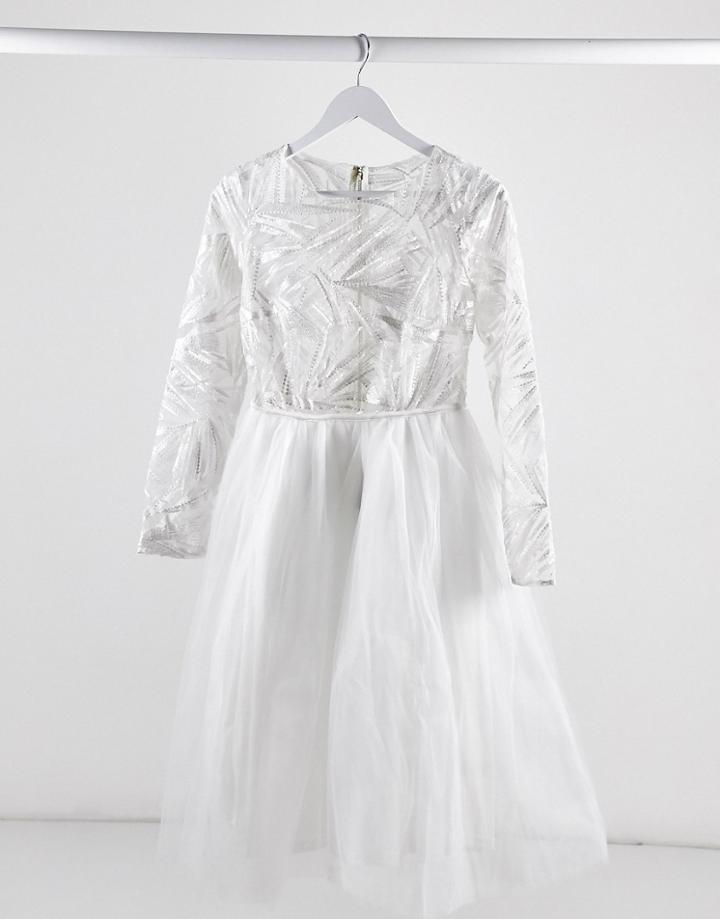 Rare London Lace Top Long Sleeve Tulle Midi Dress In White