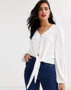 Asos Design Long Sleeve Button Front Top With Tie Detail-no Color
