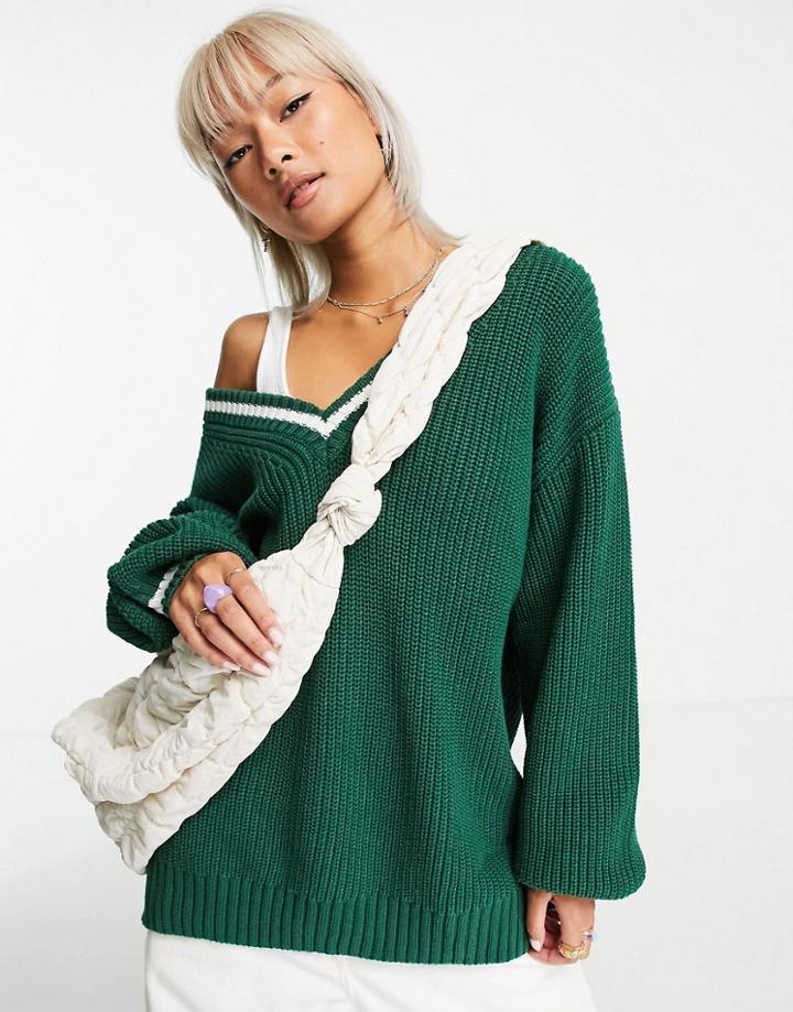 Weekday North Recycled V-neck Sweater With Tipping Detail In Dark Green