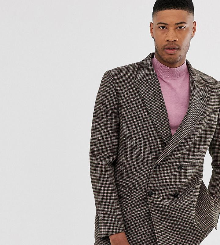 Asos Design Tall Boxy Double Breasted Suit Jacket In Green And Pink Houndstooth