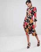 Asos Midi Dress With Fluted Sleeve In Dark Floral - Multi
