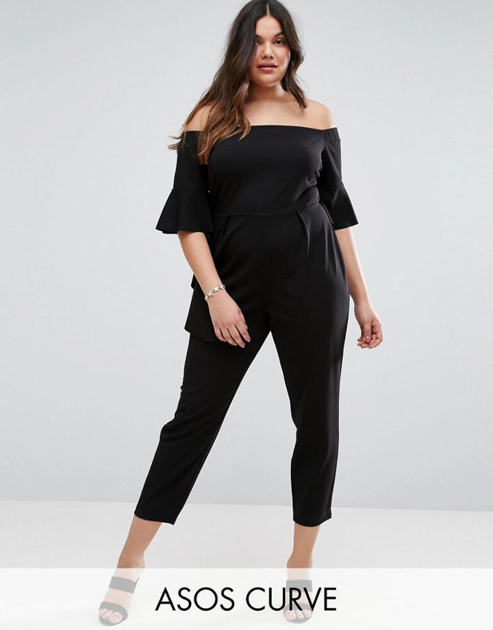 Asos Curve Bardot Jumpsuit With Ruffle Sleeve Detail - Black