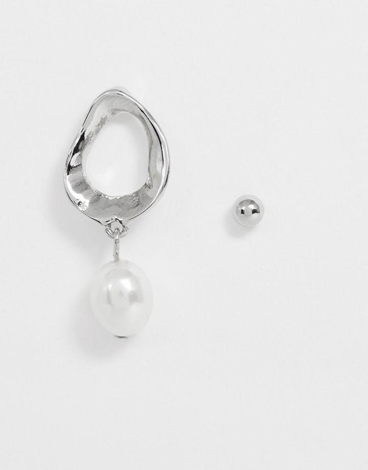 Asos Design Molten Metal Hoop Earring With Faux Pearl In Silver Tone
