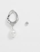 Asos Design Molten Metal Hoop Earring With Faux Pearl In Silver Tone