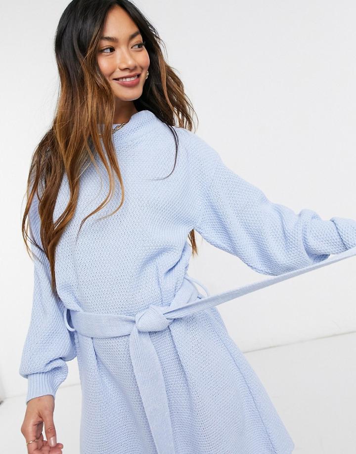 Glamorous Long Sleeve Mini Sweater Dress With Tie Waist In Blue-blues