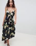 Asos Design Button Through Maxi Dress In Lily Print - Multi