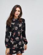 Ax Paris Long Sleeve Shift Dress With Frill Detail In Floral Print - Black