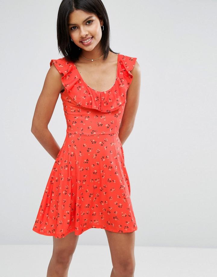 Asos Ruffle Skater Dress In Ditsy Floral - Multi