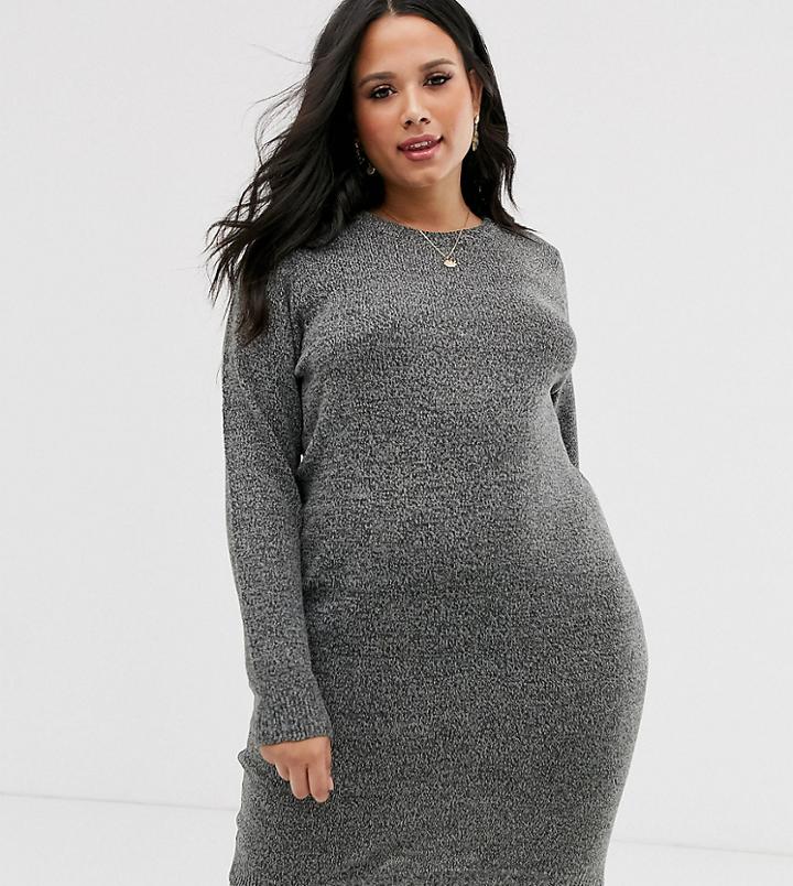 Brave Soul Plus Grungy Round Neck Sweater Dress - Gray