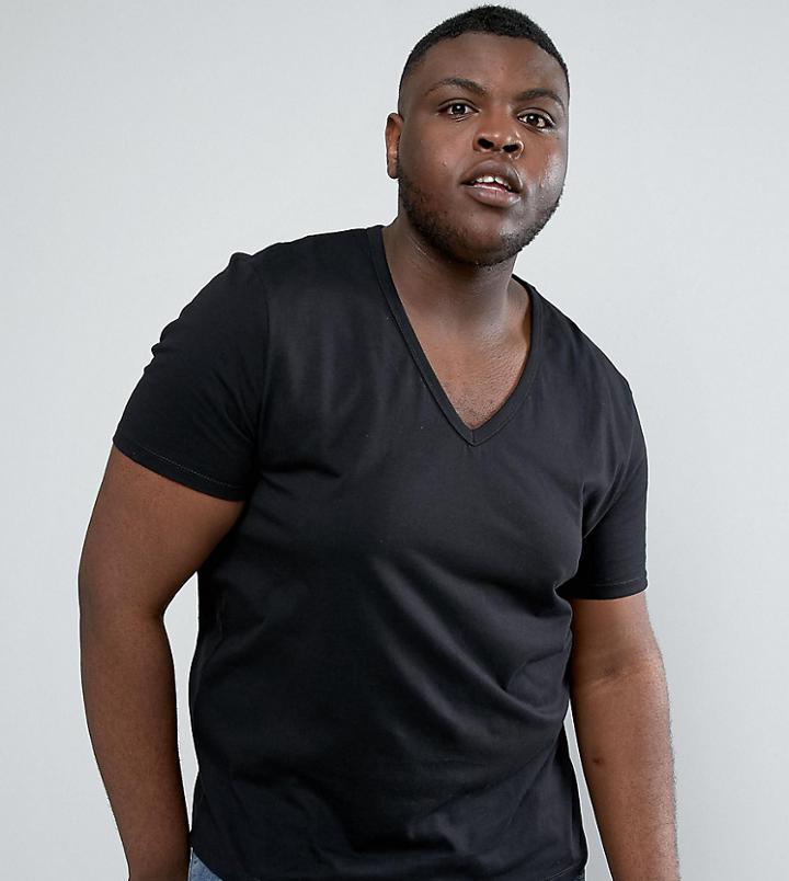 Asos Design Plus T-shirt With Deep V Neck In Black - Black