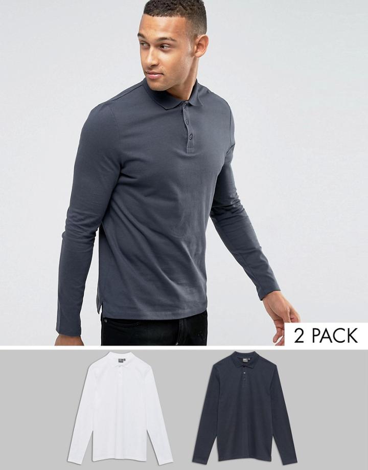 Asos Long Sleeve Jersey Polo 2 Pack Save - Multi