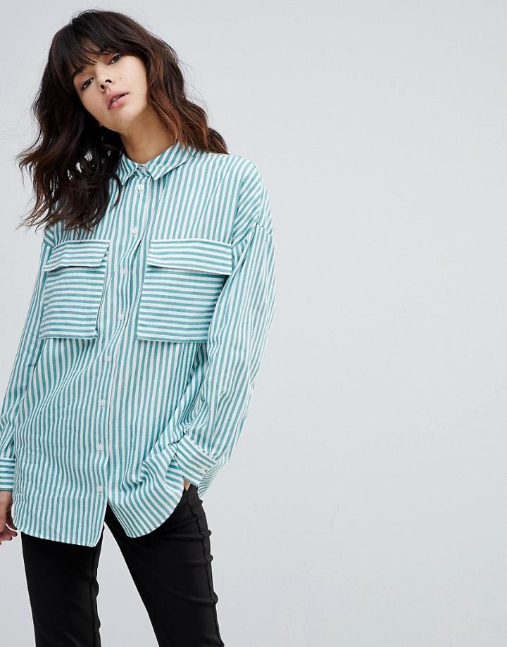 Asos Oversized Utility Shirt In Green Stripe - Green