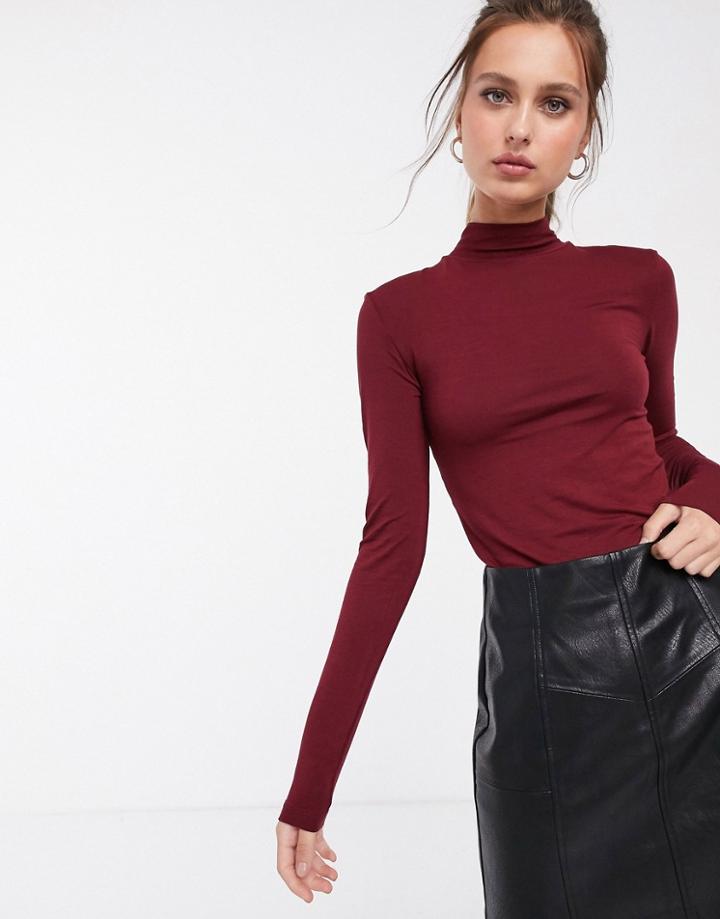 Stradivarius Jersey Roll Neck Top In Burgundy-purple