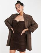 Love Triangle Mesh Mini Dress With Ruching And Cupping Detail In Midnight Brown