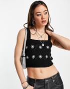 Violet Romance Floral Embroidered Knitted Cami Top In Black - Part Of A Set