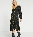 Asos Design Maternity V-neck Button Through Midi Dress With Shirring In Floral Print-multi