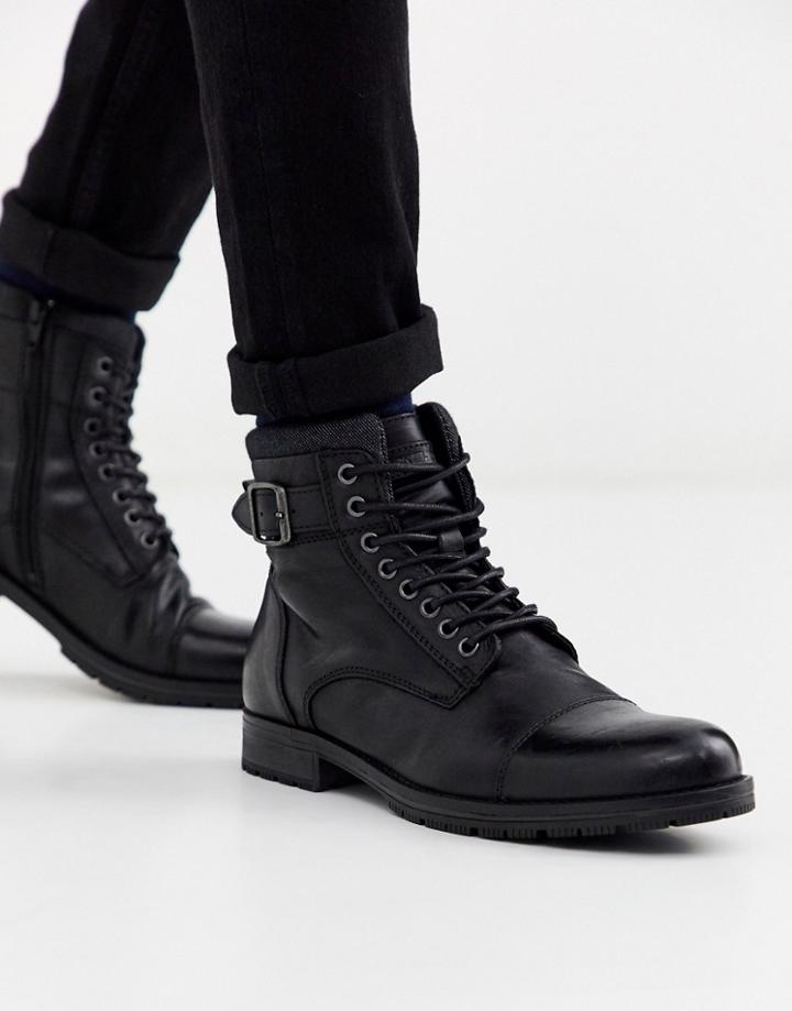 Jack & Jones Leather Lace Up Boots In Black