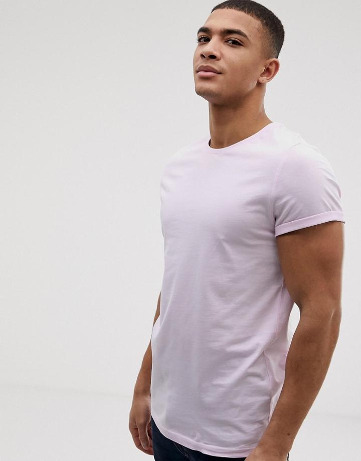 Asos Design Crew Neck T-shirt With Roll Sleeve In Pink