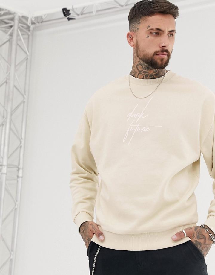 Asos Design Oversized Sweatshirt In Beige With Dark Future Logo-black