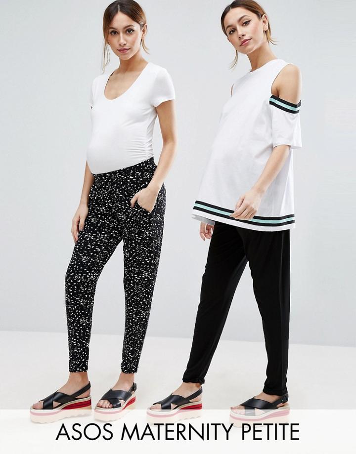 Asos Maternity Petite 2 Pack Jersey Peg Pants In Plain Black And Blurred Polka Dot - Black