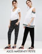 Asos Maternity Petite 2 Pack Jersey Peg Pants In Plain Black And Blurred Polka Dot - Black